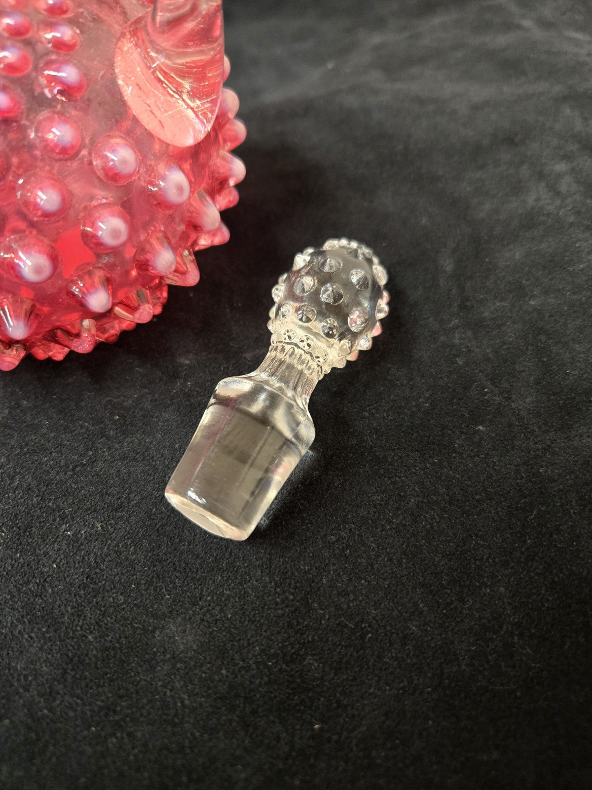 VTG Fenton Hobnail Cranberry Opalescent Cruet & Stopper Opalescent Stripe Handle