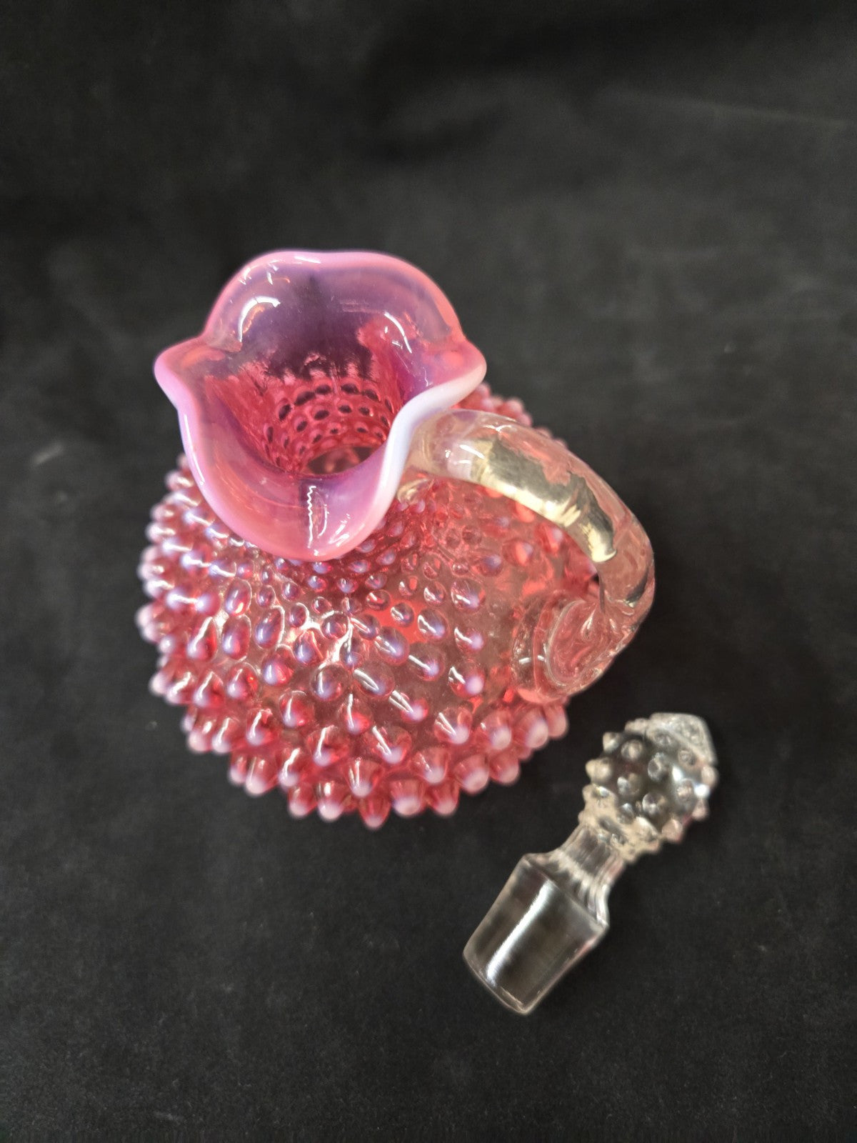 VTG Fenton Hobnail Cranberry Opalescent Cruet & Stopper Opalescent Stripe Handle