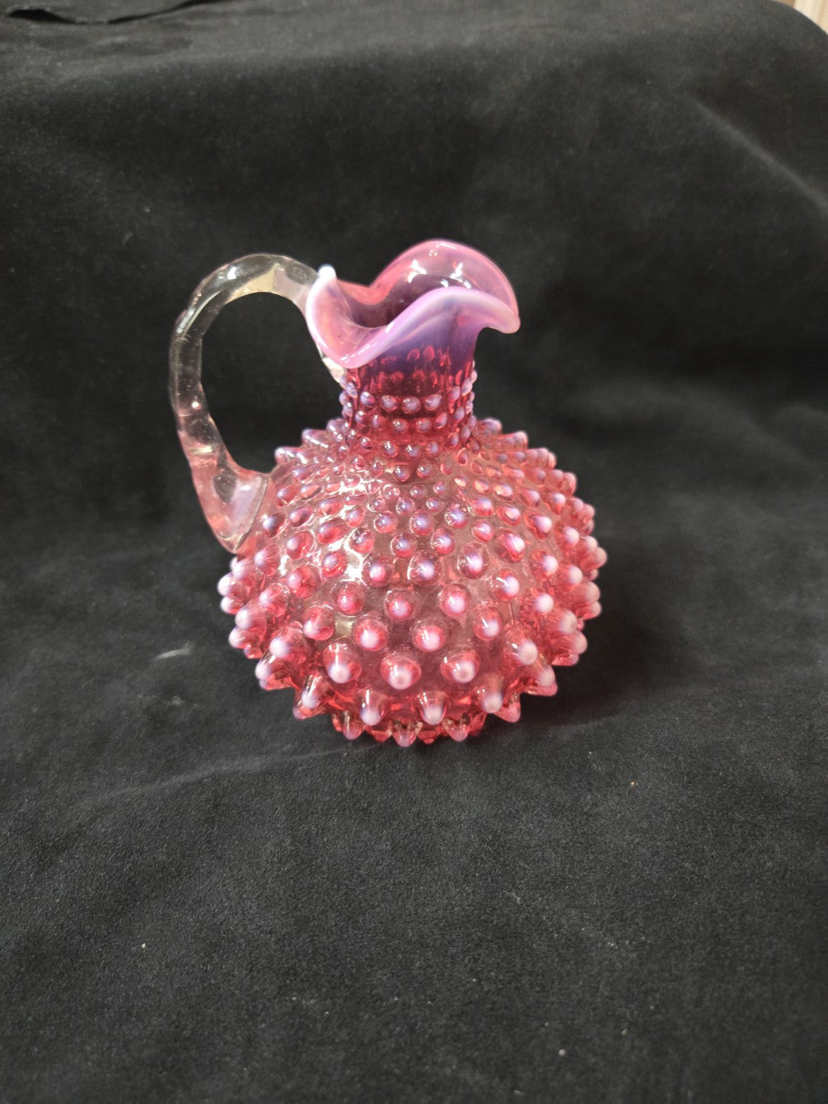 VTG Fenton Hobnail Cranberry Opalescent Cruet & Stopper Opalescent Stripe Handle