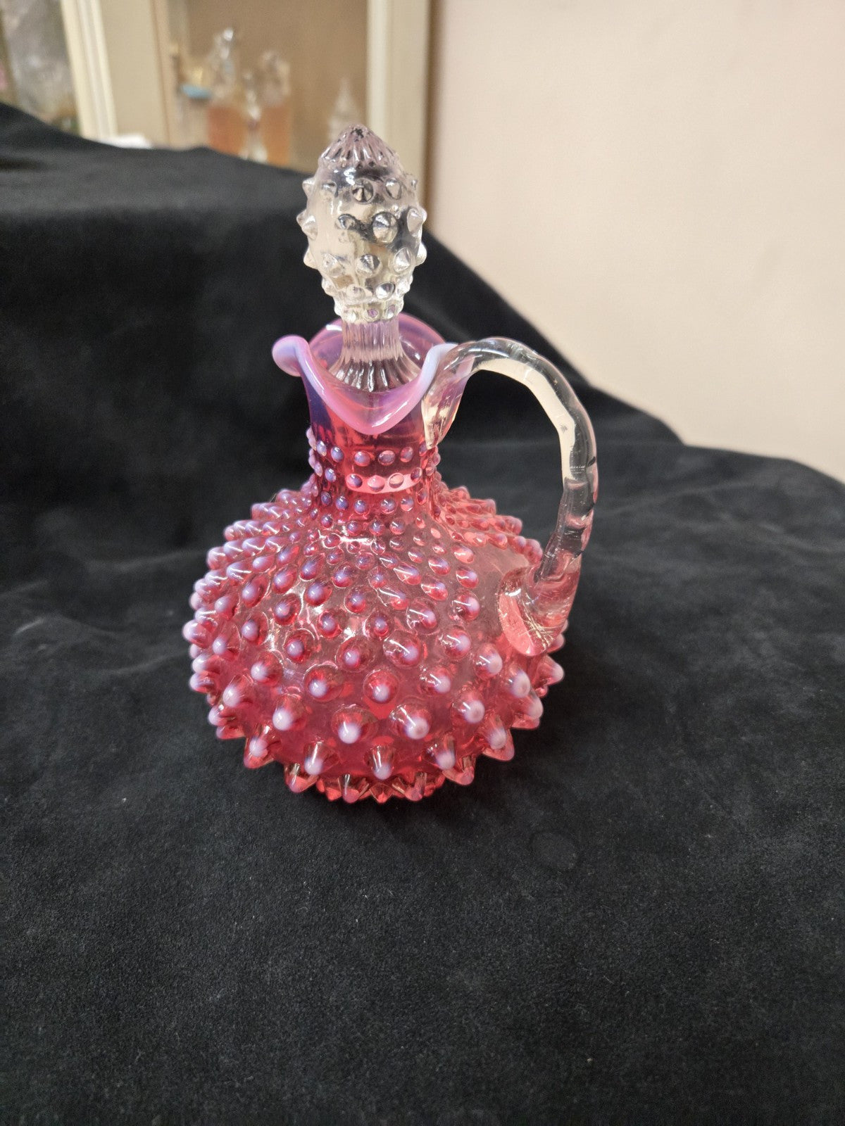 VTG Fenton Hobnail Cranberry Opalescent Cruet & Stopper Opalescent Stripe Handle
