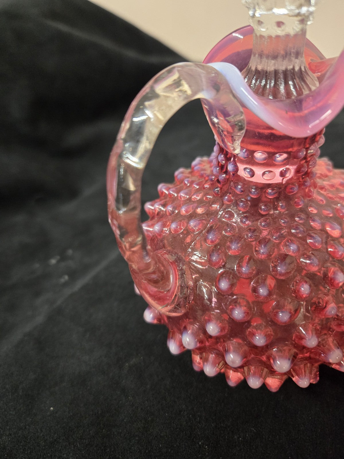 VTG Fenton Hobnail Cranberry Opalescent Cruet & Stopper Opalescent Stripe Handle